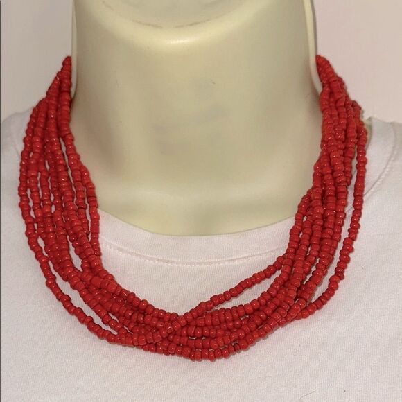 Red Coral Sead Beaded 8 Strand Necklace - Picture 1 of 4